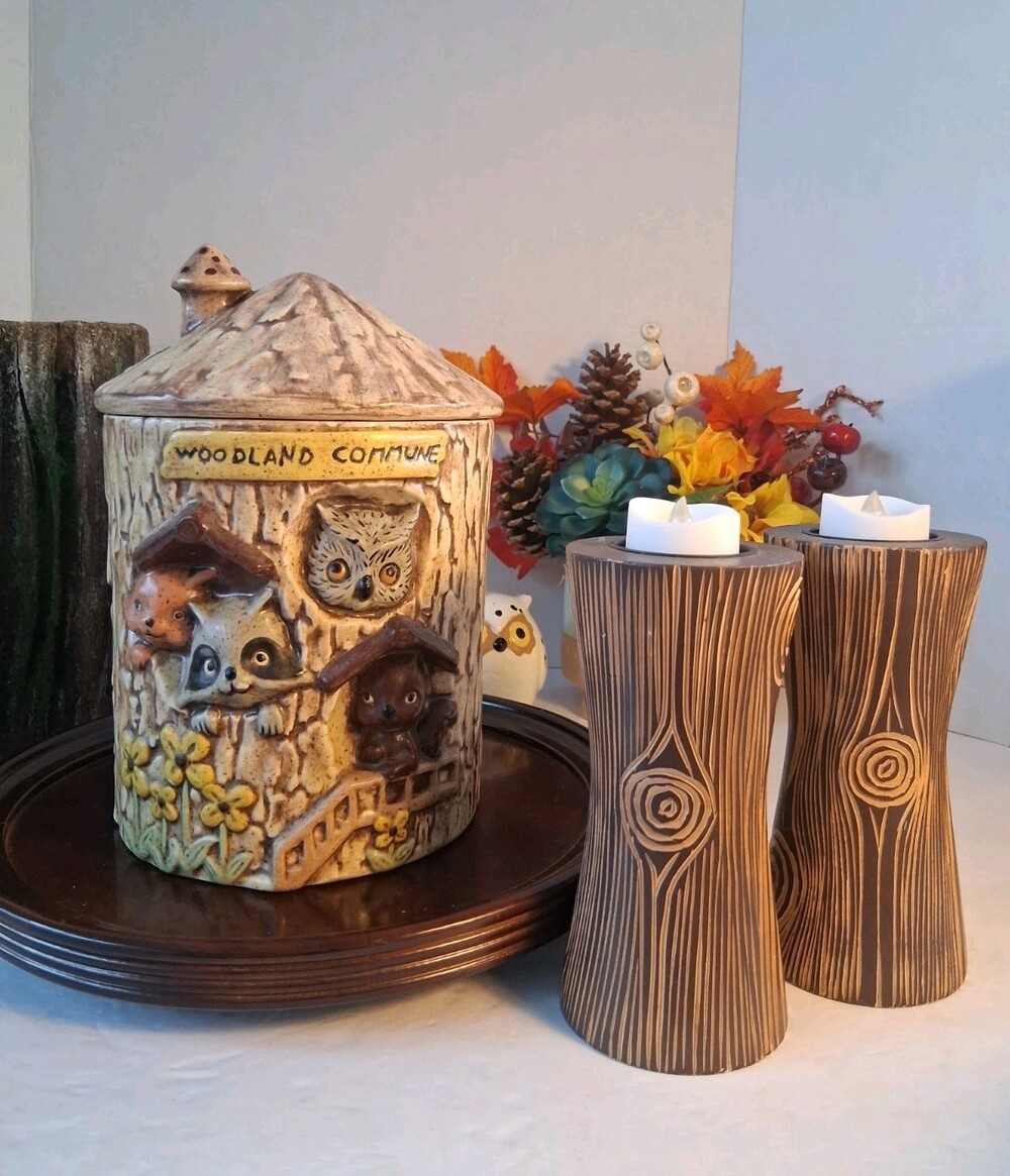 VTG'70's Enesco"Woodland Commune"Ceramic Canister;Treehouse w/Animals;+FREE GIFT